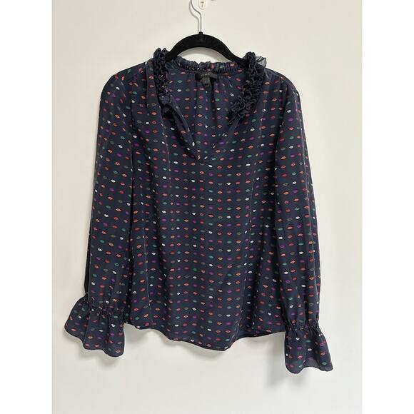 J.CREW Tops - Jcrew 100% Silk Blouse Top Ruffle Navy Lips Long Sleeve Women's Size 6 Split